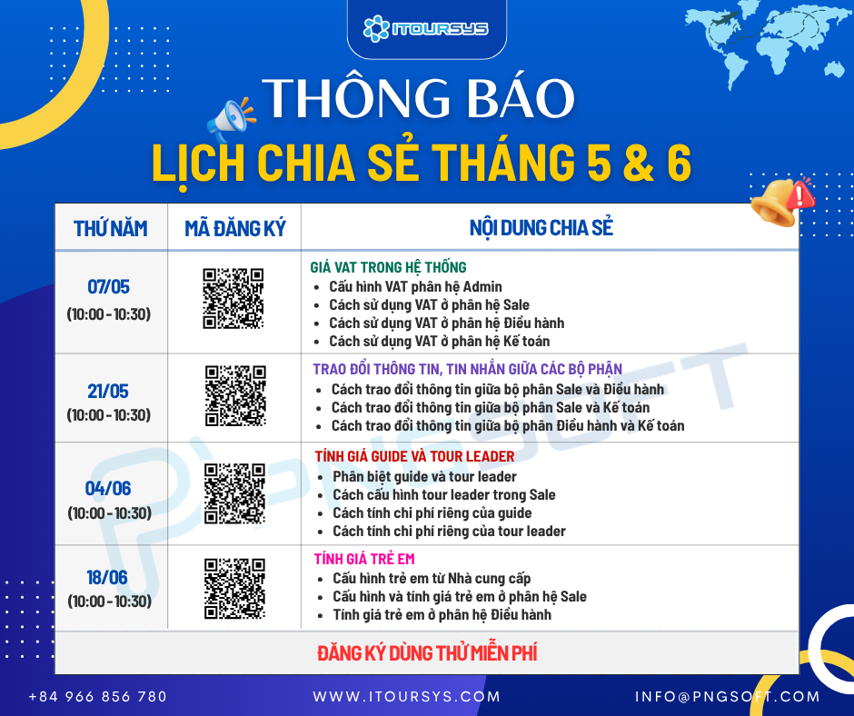 [PNGSOFT TRAINING T5 & T6/2026] - LỊCH ĐÀO TẠO HƯỚNG DẪN SỬ DỤNG PHẦN MỀM QUẢN LÝ DU LỊCH ITOURSYS